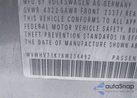 2008 Volkswagen Gti 4-Door z USA, uszkodzony, nr VIN WVWHV71K18W234492